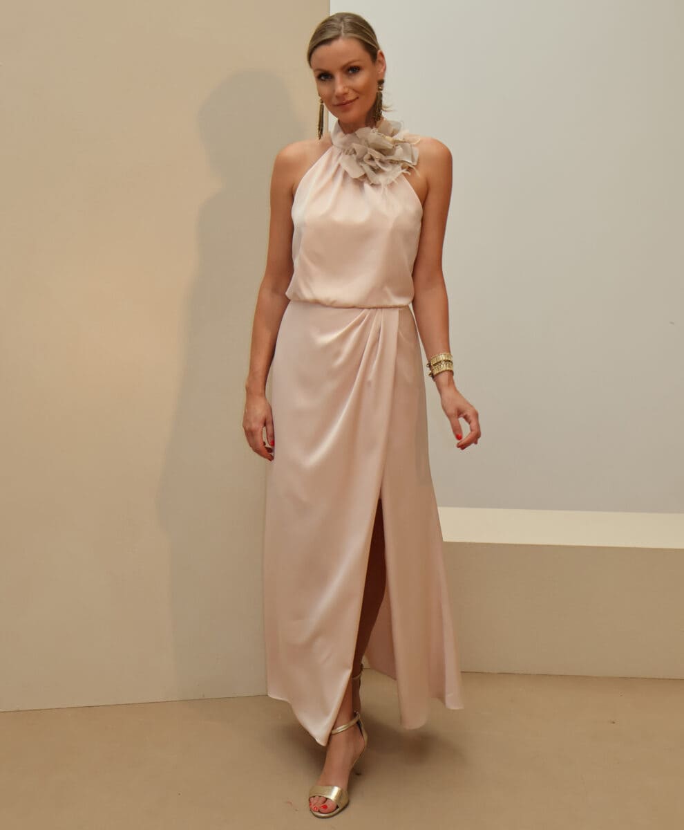 261-155-01 face Linéa Raffaelli robe de soirée longue encolure américaine jupe drapé fendue robe maman des mariés magasin de robes de soirée Paris