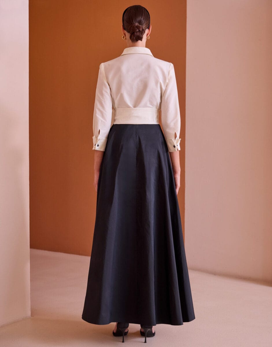 52502 dos Carla Ruiz robe de soirée longue évasée top chemise ceinture nouée jupe plis évasée robe de mère de la mariée magasin de robes de soirée Paris