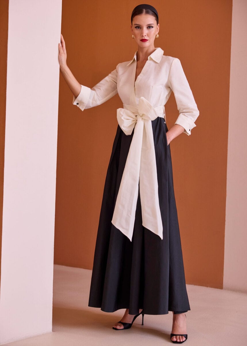 52502 face Carla Ruiz robe de soirée longue évasée top chemise ceinture nouée jupe plis évasée robe de mère de la mariée magasin de robes de soirée Paris