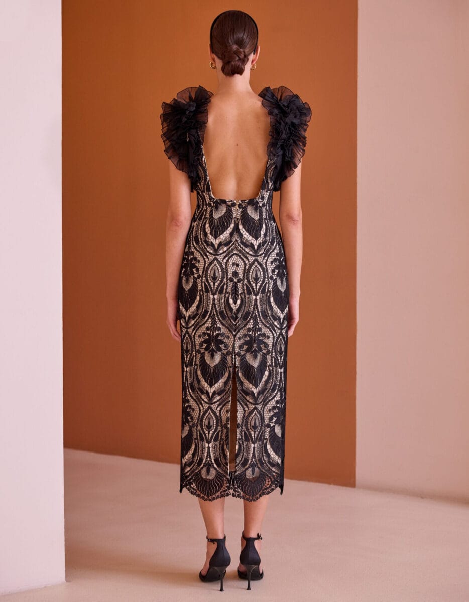 52523 dos Carla Ruiz robe de soirée mi longue dentelle top festonné robe de mère de mariés magasin de robes de soirée Paris