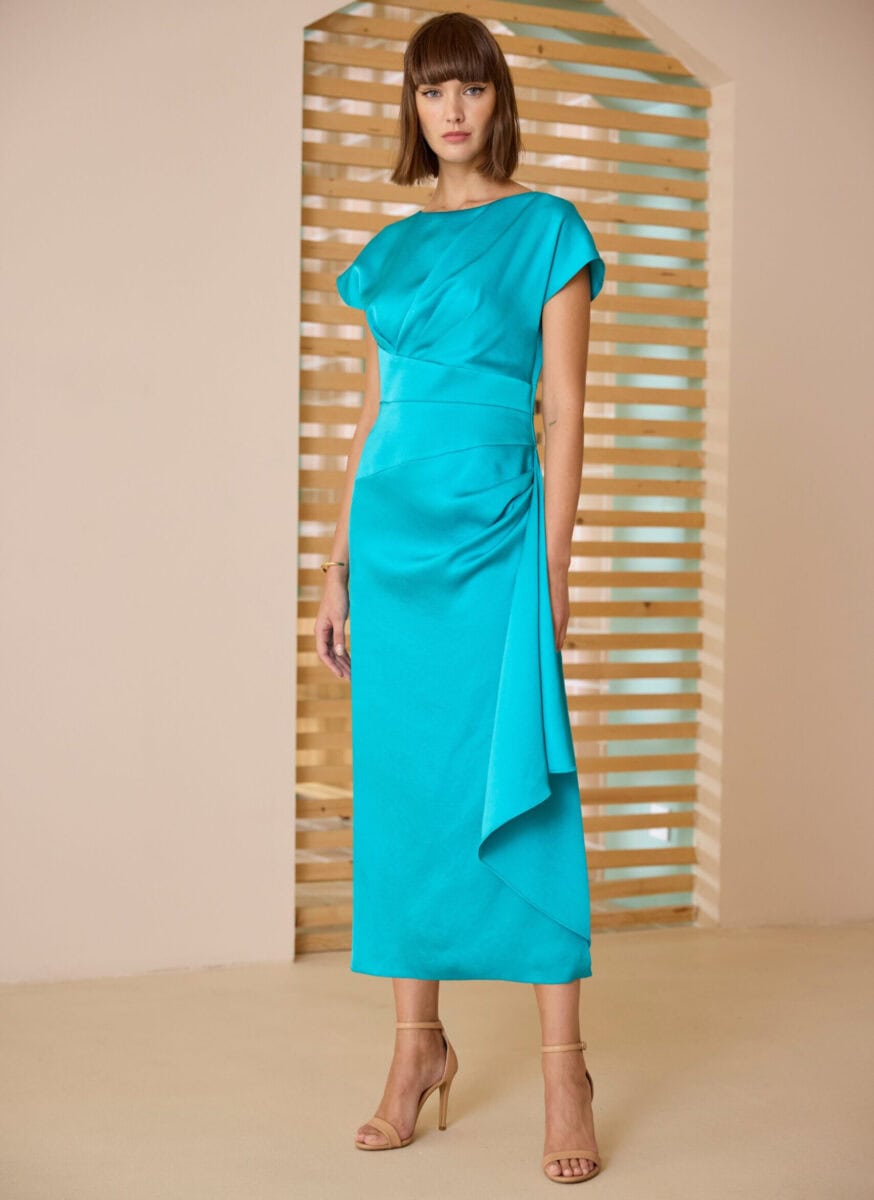 52590 face Carla Ruiz robe de soirée mi longue sroite drapée pan col droit robe de soirée maman des mariés magasin de robes de soirée Paris