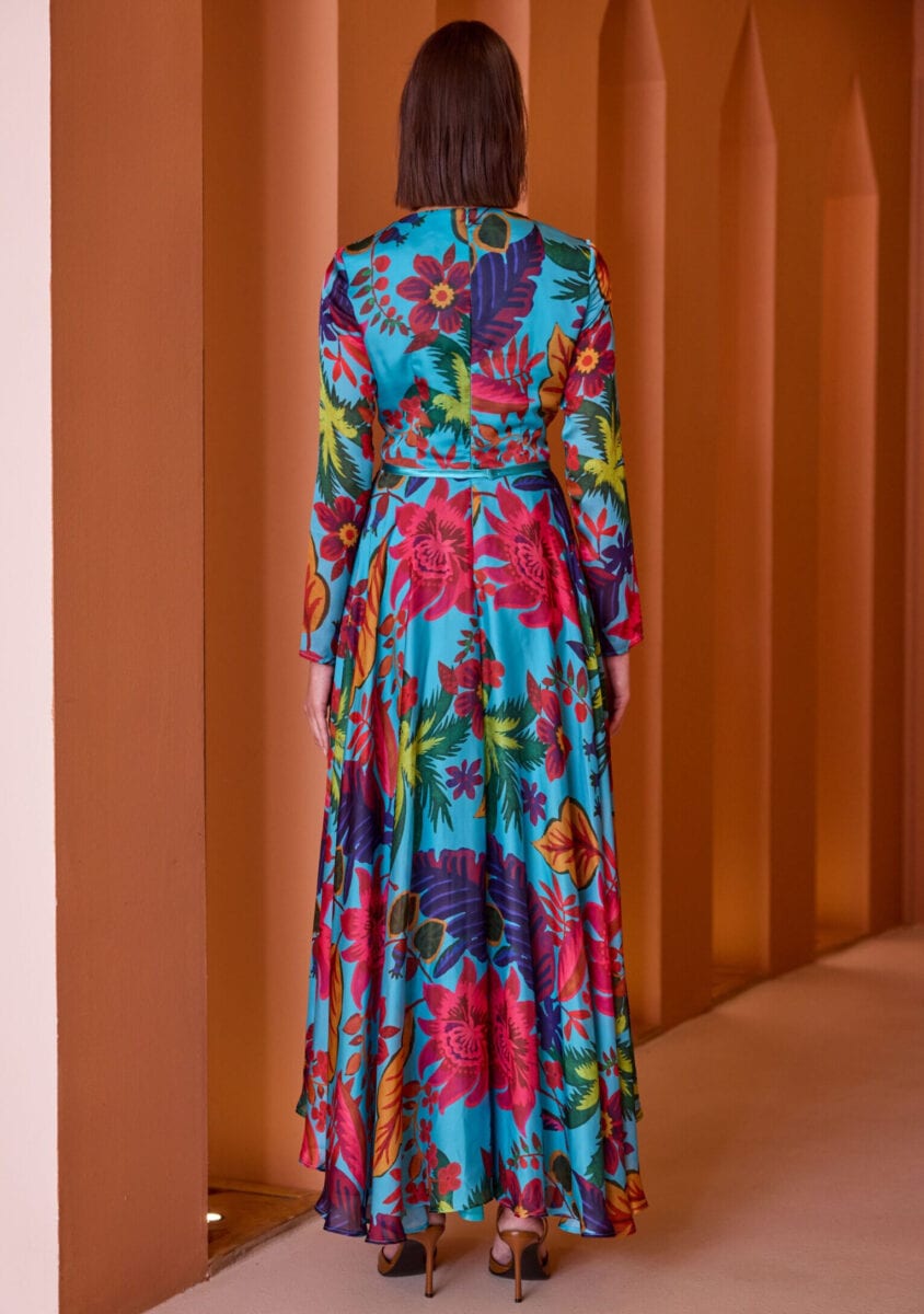 52649 dos Carla Ruiz robe longue à motifs décolleté V manches longues ceinture fine robe de maman des mariés magasin de robes de soirée Paris