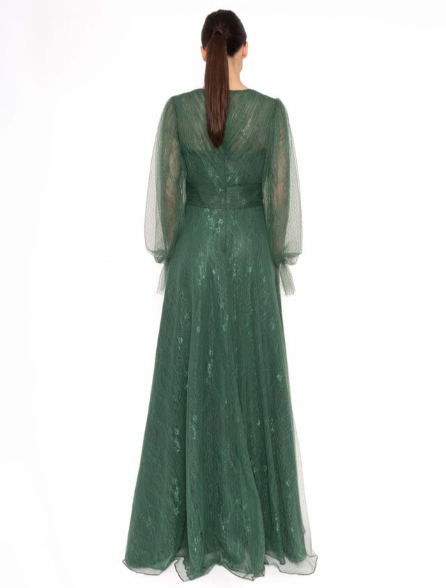 52735 dos Carla Ruiz robe de soirée tulle dentelle top décolleté V manches bouffantes tulle longue robe maman des mariés magasin de robes de soirée Paris