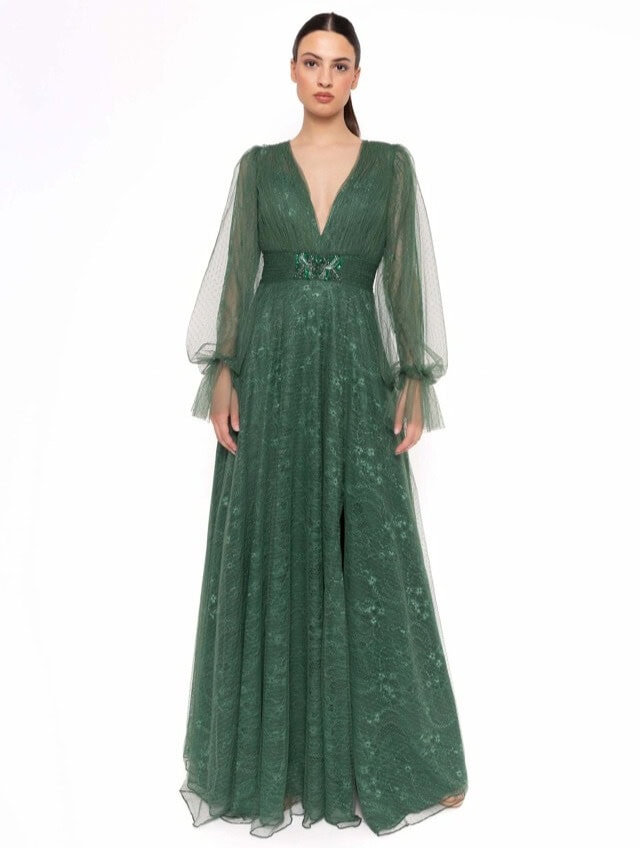 52735 face Carla Ruiz robe de soirée tulle dentelle top décolleté V manches bouffantes tulle longue robe maman des mariés magasin de robes de soirée Paris