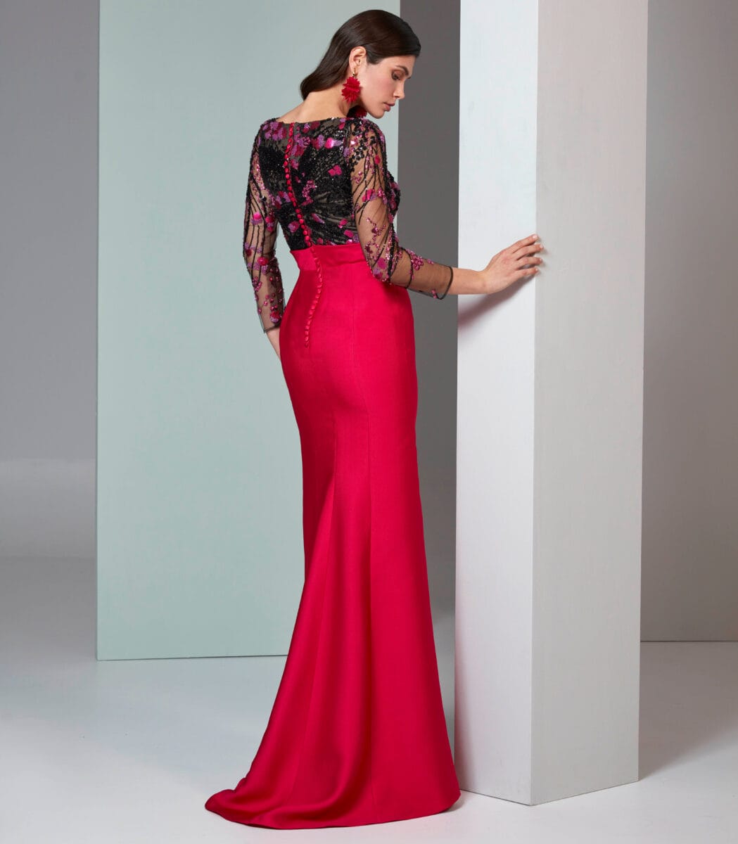 5629 dos Valerio Luna robe de soirée longue top tulle perlé jupe moulante mikado à volants robe maman des mariés magasin de robes de soirée Paris