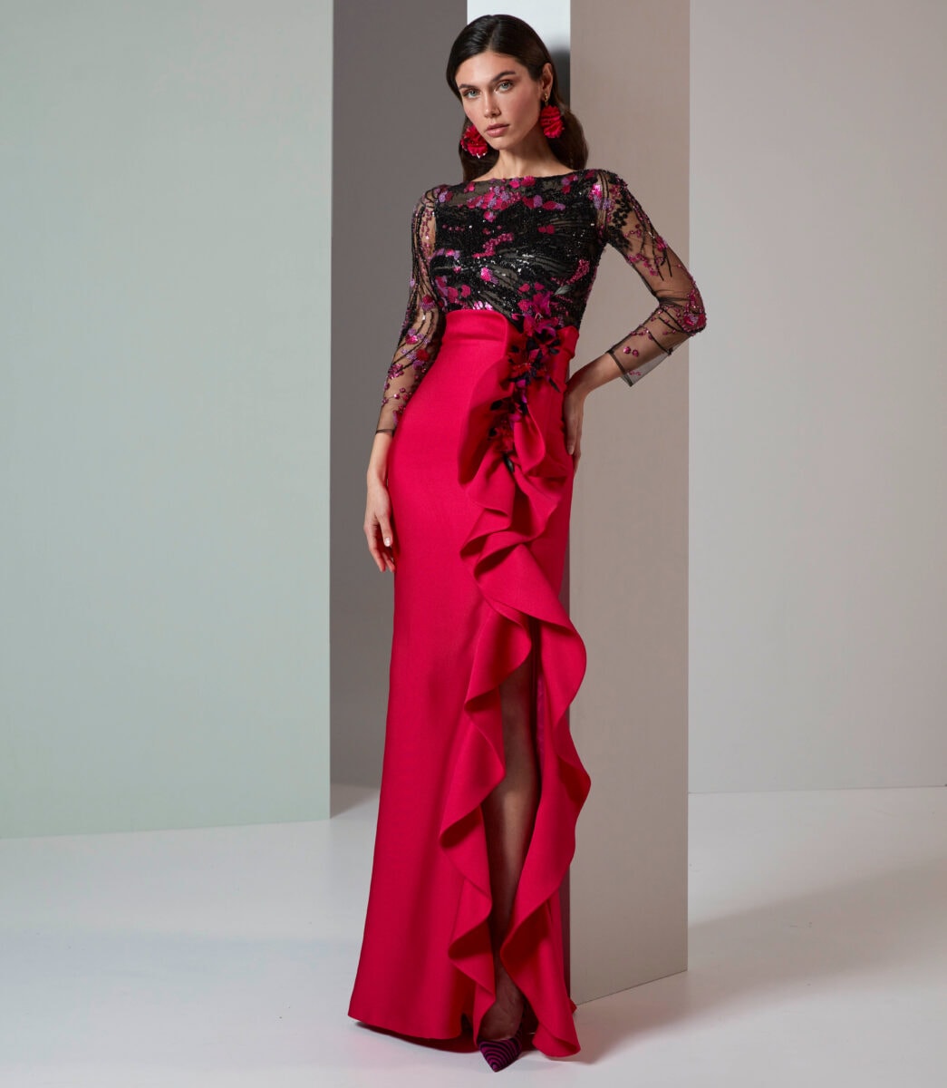 5629 face Valerio Luna robe de soirée longue top tulle perlé jupe moulante mikado à volants robe maman des mariés magasin de robes de soirée Paris