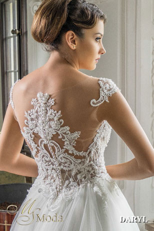 Daryl dos MS Moda robe de mariée princesse bustier coeur top décolleté bateau transparence de dentelle bustier pointe jupe tulle plat magasin de robes de mariée Nogent sur Marne