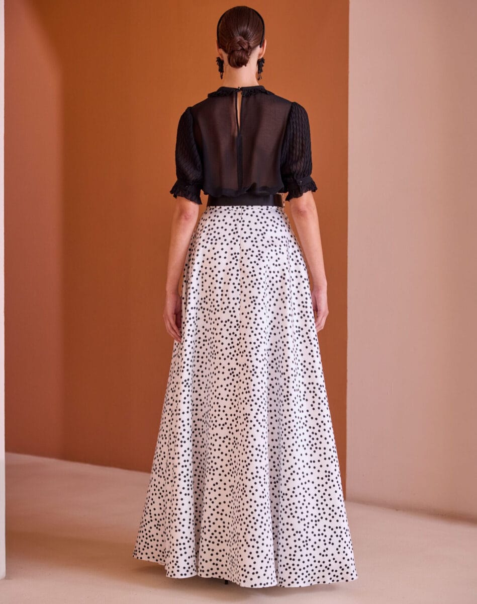 Ensemble de soirée dos top chemisier mousseline jupe longue évasée fendue robe de mère des mariée magasin robes de soirée Paris