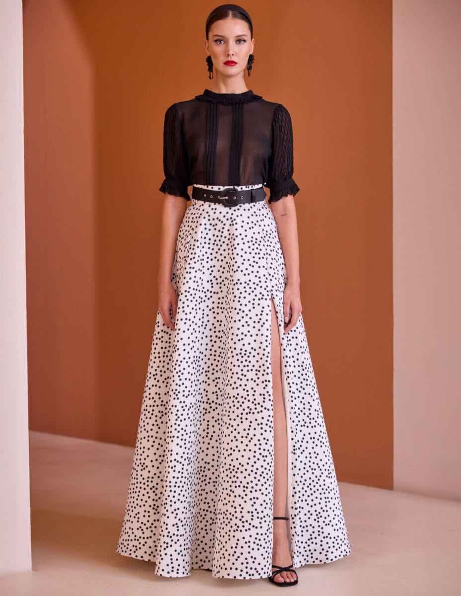 Ensemble de soirée top chemisier mousseline jupe longue évasée fendue robe de mère des mariée magasin robes de soirée Paris