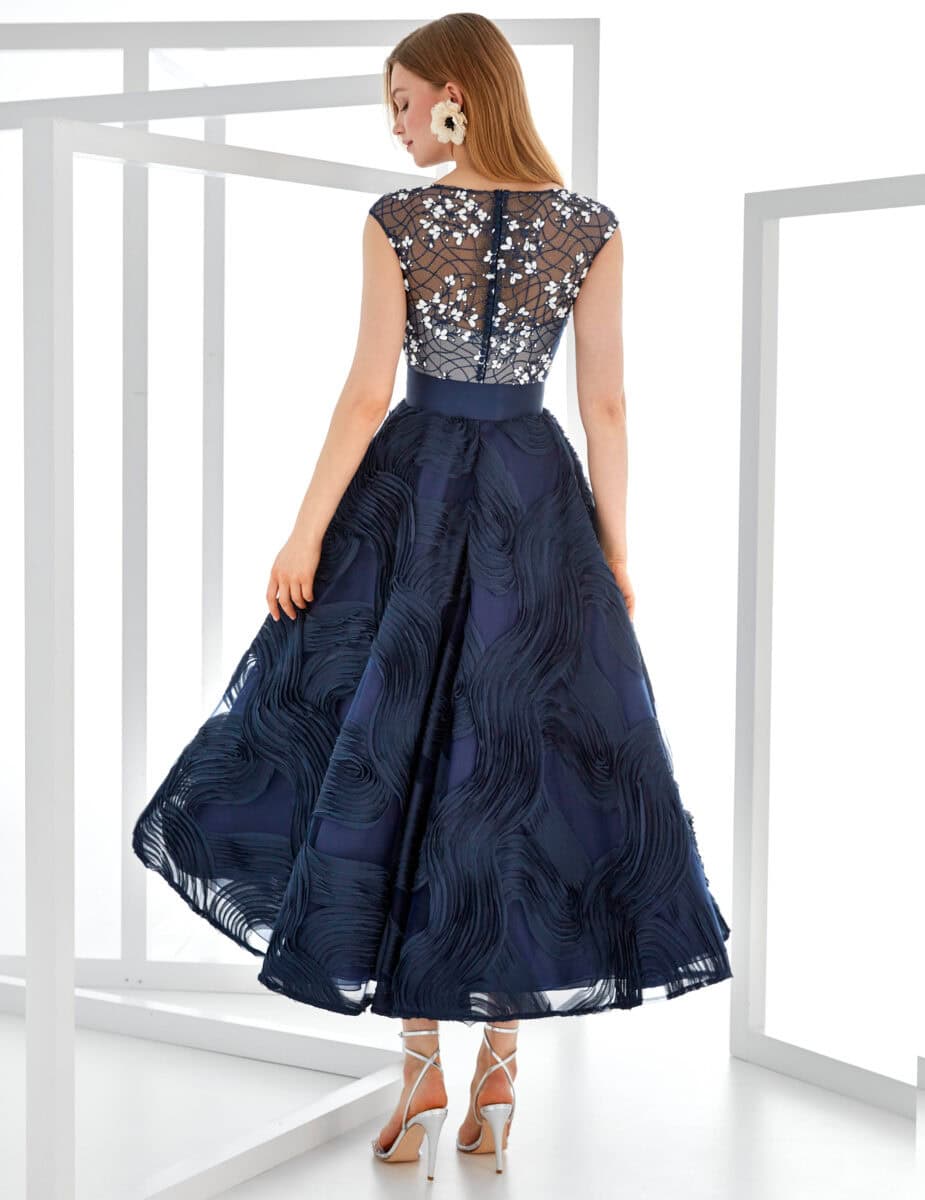 MG3717 dos Manu Garcia robe de soirée midi top transparence de dentelle ceinture jupe évasée robe de soirée maman des mariés magasin de robes de soirée Paris