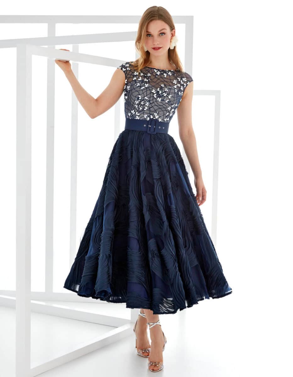 MG3717 face Manu Garcia robe de soirée midi top transparence de dentelle ceinture jupe évasée robe de soirée maman des mariés magasin de robes de soirée Paris