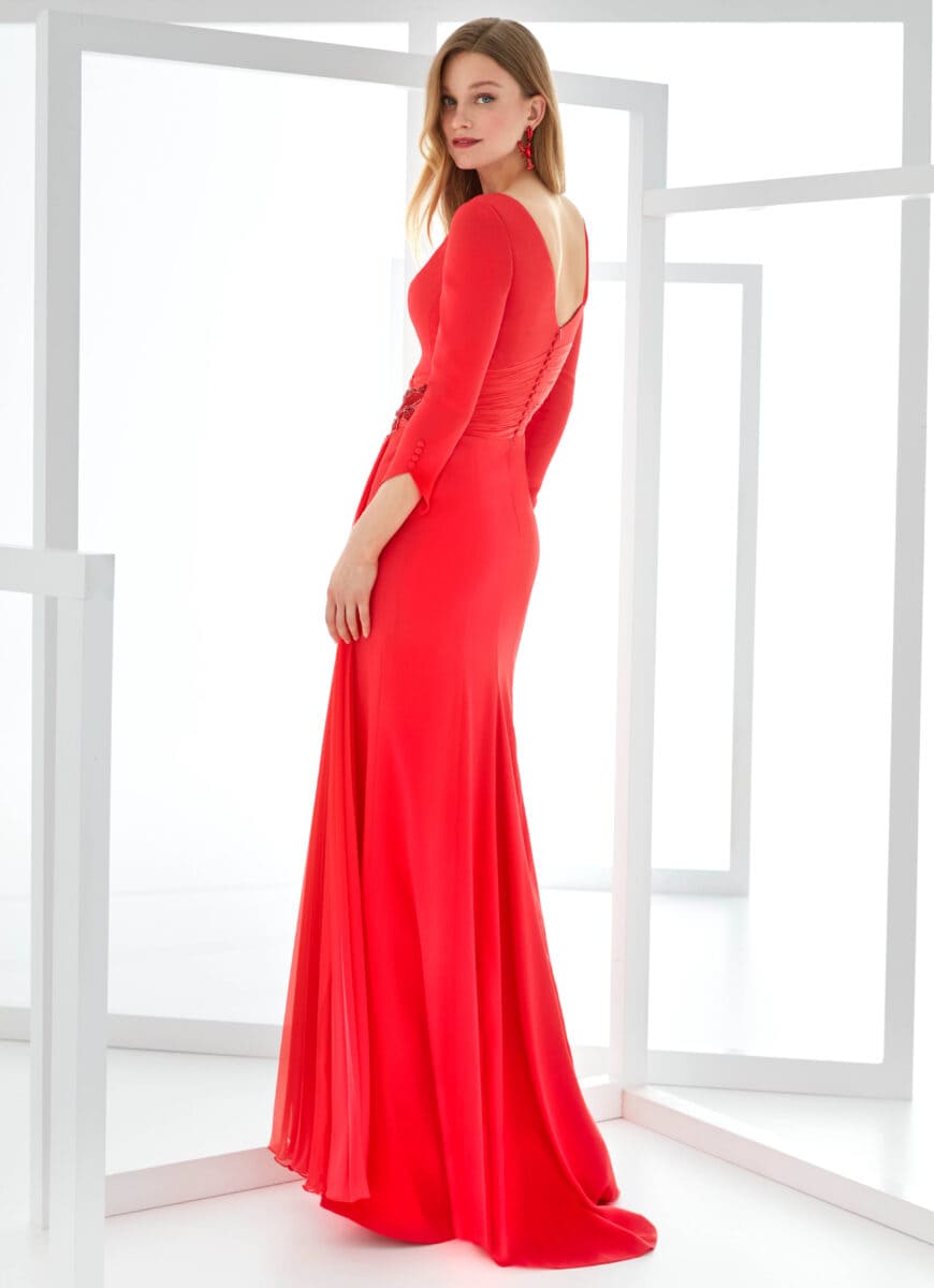 MG3723 dos Manu Garcia robe de soirée longue fluide top manches lo,gues jupe évasée ceinture pan plissé robe maman des mariés magasin de robes de soirée Paris