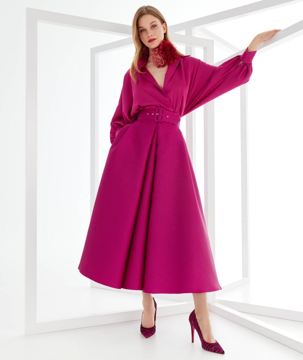 MG3734 face Manu Garcia robe de cocktail top chemisier jupe évasée ceinture robe maman des mariés magasin de robes de soirée Paris