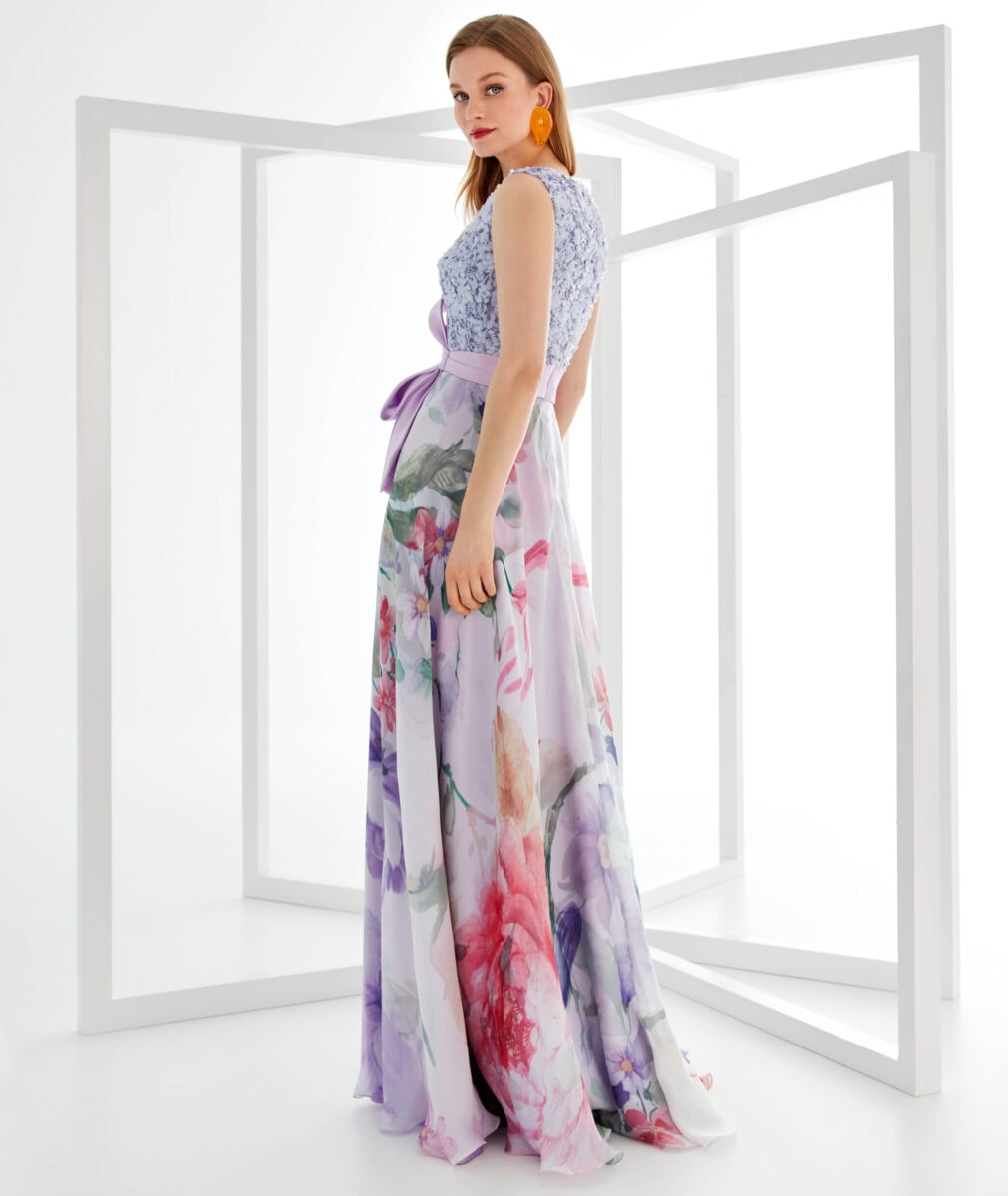 MG3735 dos Manu Garcia robe de soirée fluide top décolleté V jupe évasée organza ceinture noeud robe maman des mariés magasin de robes de soirée Paris