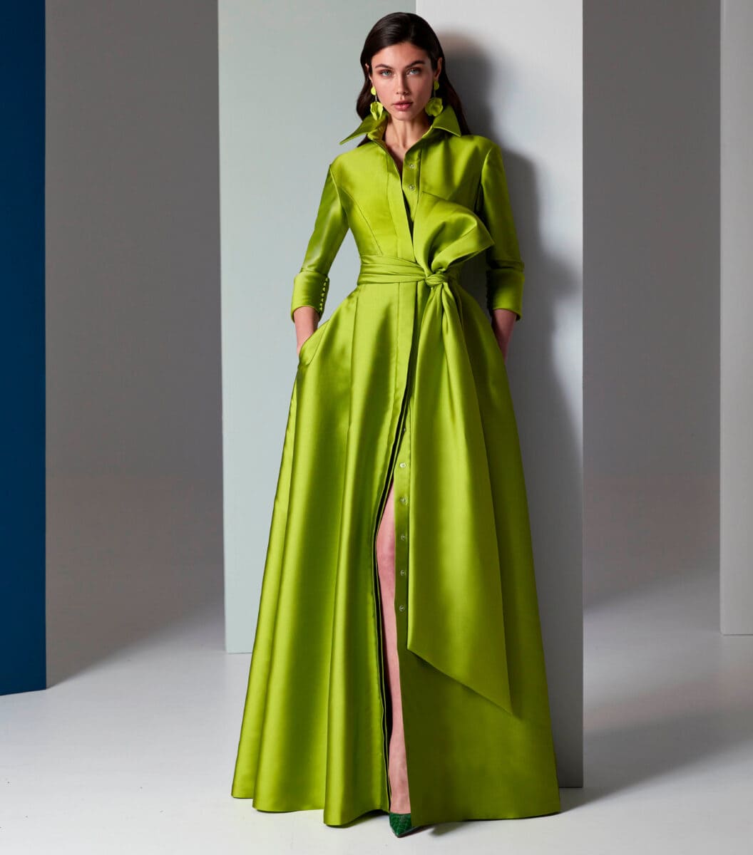 VL5616 face Valerio Luna robe de soirée longue type chemise ceinture noeud oversize robe maman des mariés magasin de robes de soirée Paris