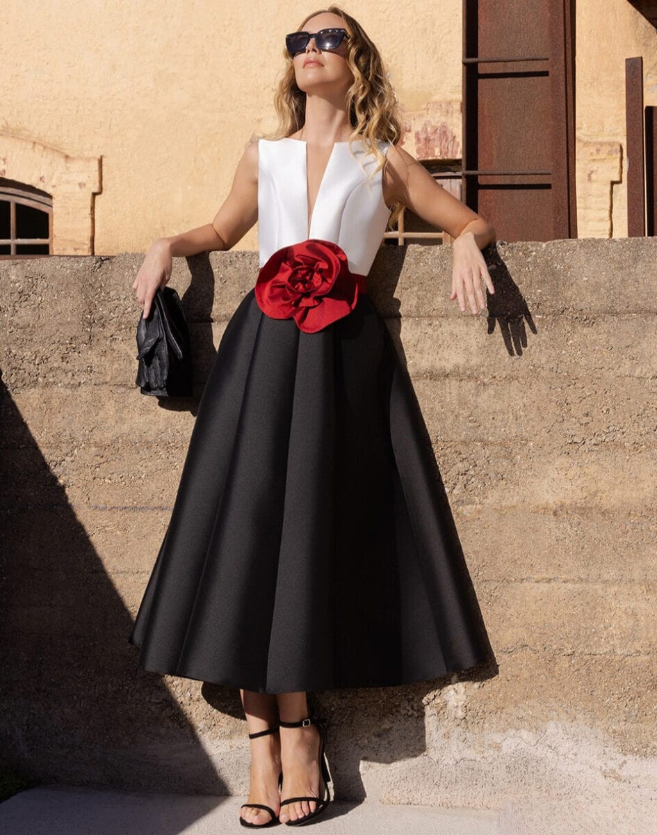 1079 face Moncho Heredia robe de cocktail midi mikado robe maman des mariés magasin de robes de soirée Paris