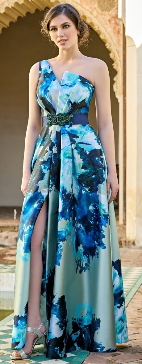 1260006 face Sonia Pena robe de soirée longue satin bretelle asymétrisue jupe fendue robe mère des mariés magasin de robes de soirée Paris Nogent sur Marne