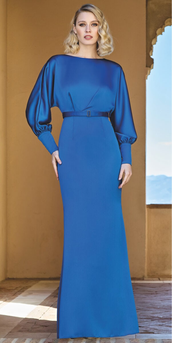 1260086 face Sonia Pena robe de soirée longue satin manches bouffantes longues robe pour mère des mariés magasin de robes de soirée Paris