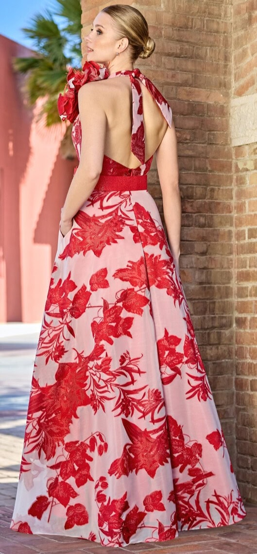 1261011 dos Sonia Pena robe longue évasée décolleté V ceinture cuir motif floral robe maman des marié magasin de robes de soirée Paris Annecy