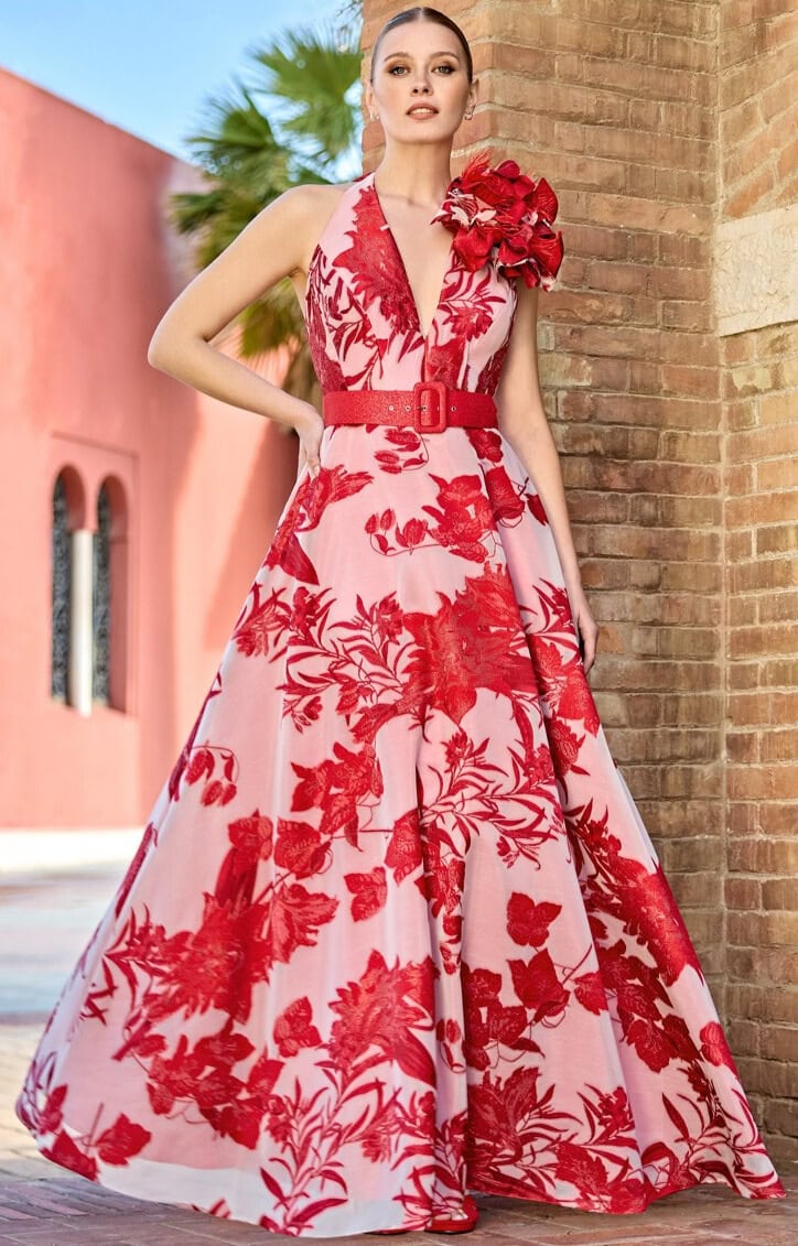 1261011 face Sonia Pena robe longue évasée décolleté V ceinture cuir motif floral robe maman des marié magasin de robes de soirée Paris Annecy