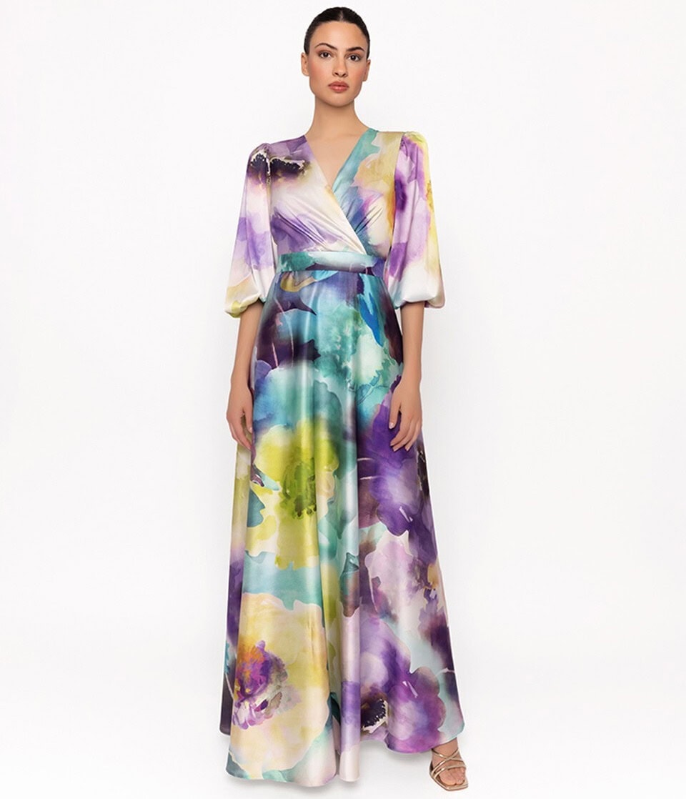 5037 face Moncho Heredia robe de soirée longue satin robe maman des mariés robe de soirée Paris