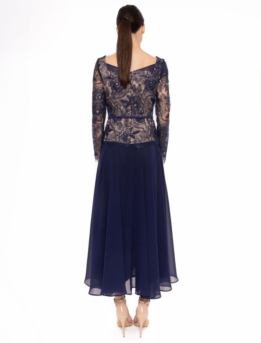 52610 dos Carla Ruiz robe de soirée mi longue top manches longue dentelle jupe midi mousseline robe mère des mariés magasin de robes de soirée Paris