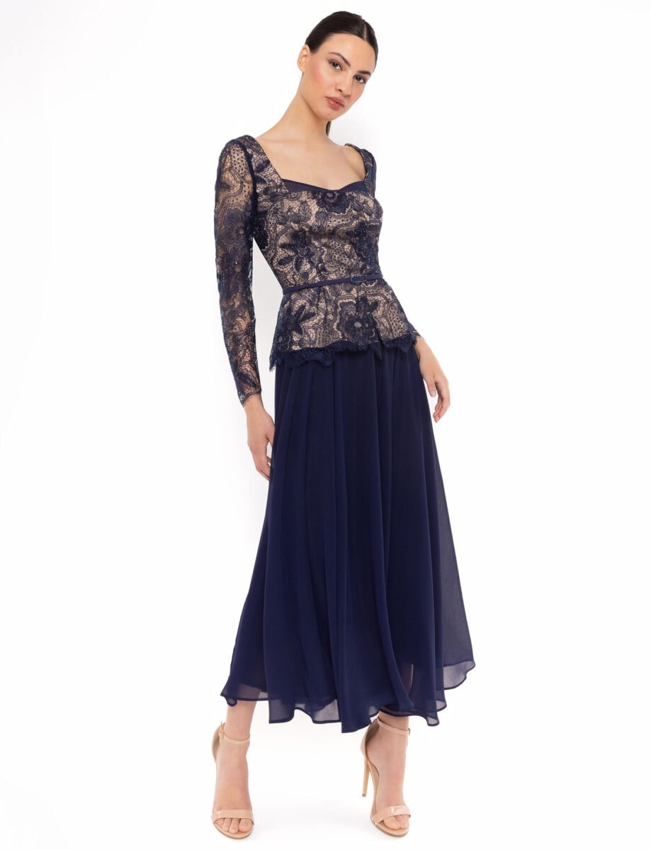 52610 face Carla Ruiz robe de soirée mi longue top manches longue dentelle jupe midi mousseline robe mère des mariés magasin de robes de soirée Paris