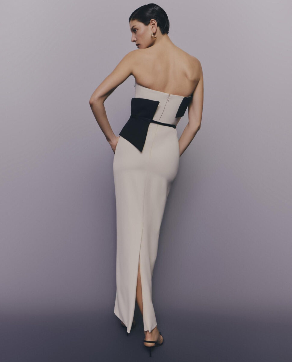 Copromor dos Pronovias robe de soirée longue ajustée bustier asymétrique robe maman des mariés magasin de robes de soirée Paris