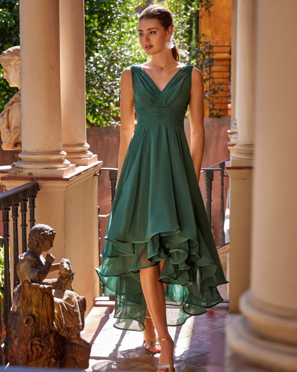 R058L face Créatif Paris robe de soirée fluide mousseline mi longue asymétrique robe mère des mariés magasin de robes de soirée Paris