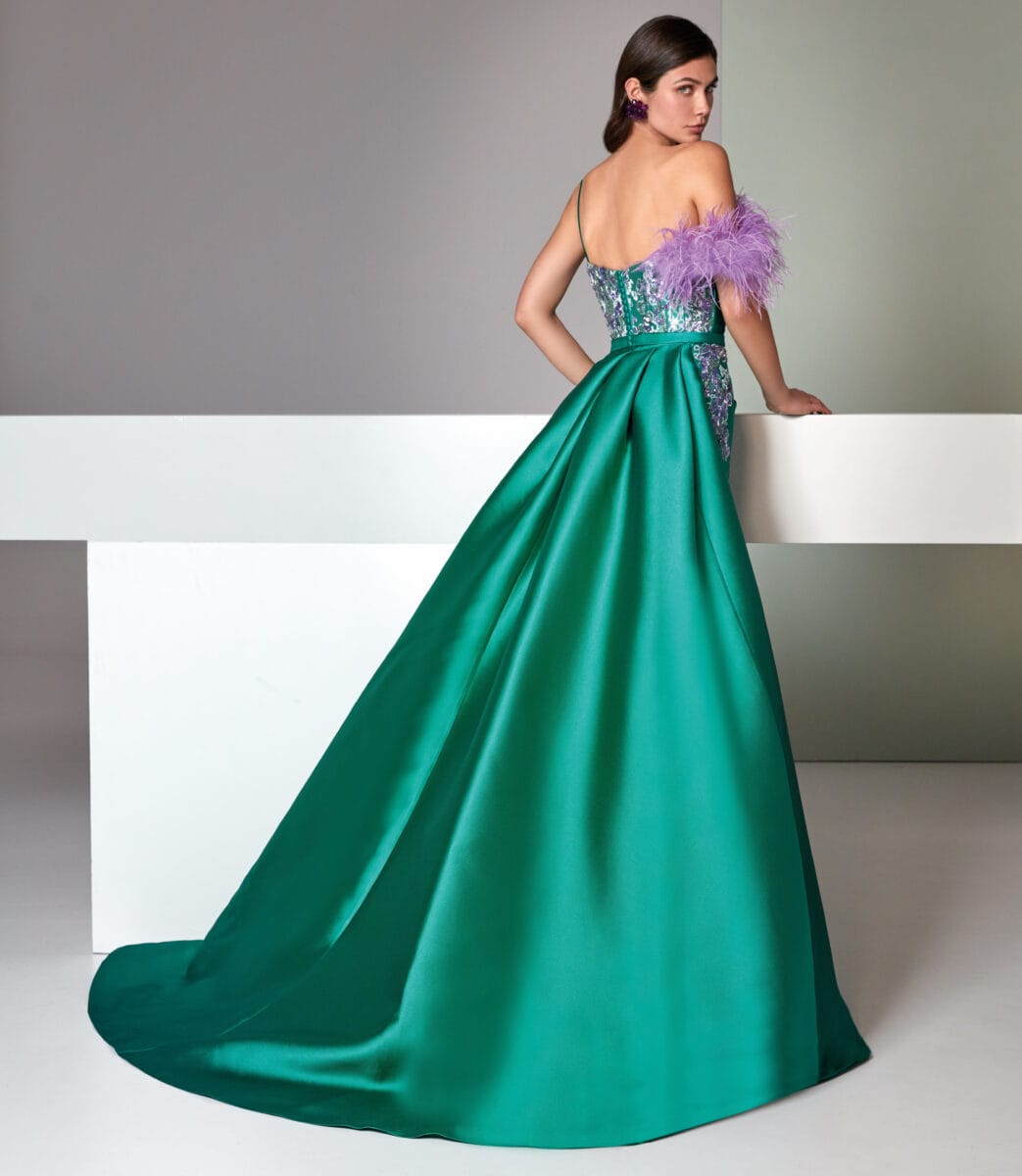 VL5600 dos Valerio Luna robe de soirée longue sur jupe bustier droit avec pan drapé asymétruqye jupe fendue robe de mariage pour mère des mariés magasin de robes de soirée Nogent sur Marne