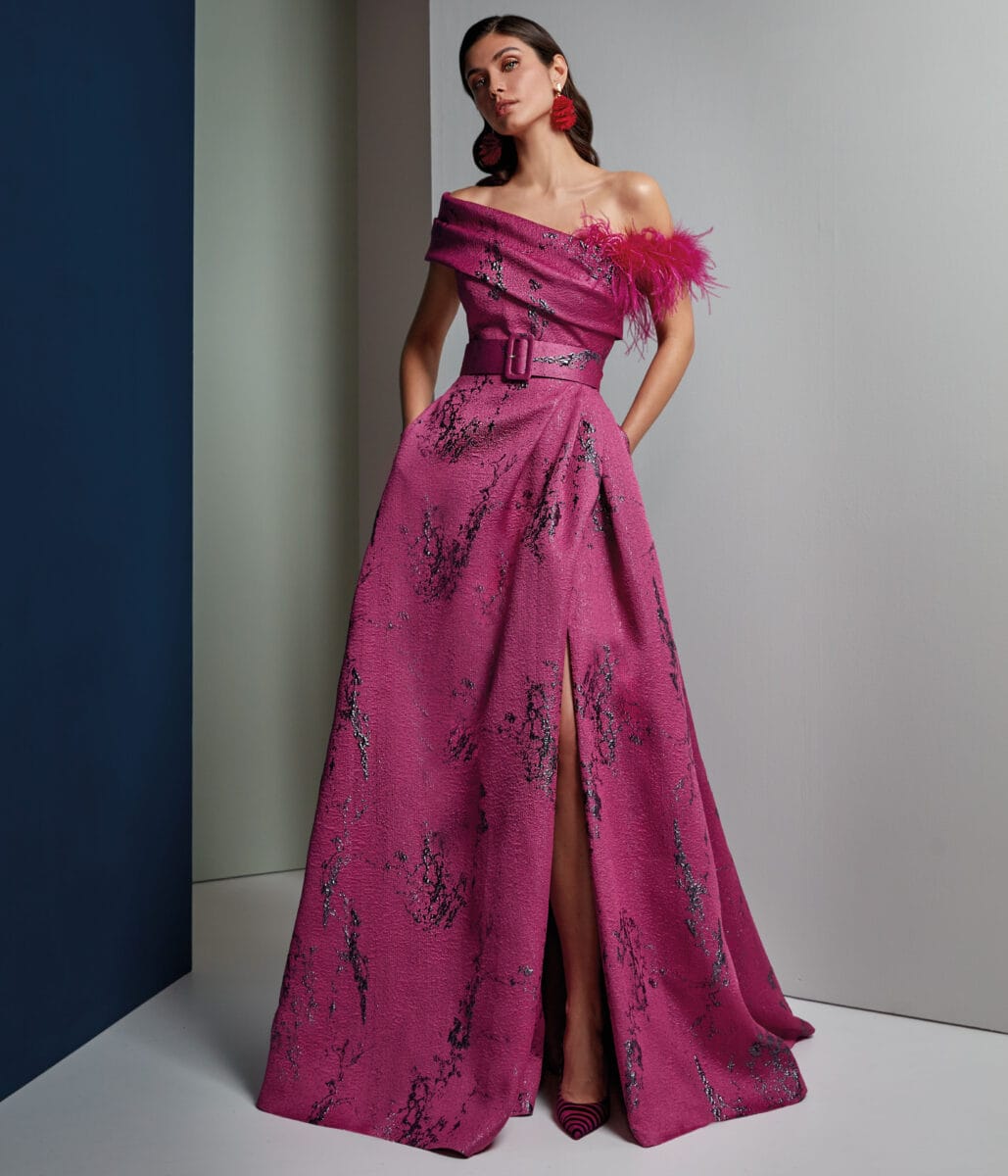 VL5632 face Valerio Luna robe de soirée manche asymétrique ceinture jupe portefeuille fendue robe mère des mariés magasin de robes de soirée Paris