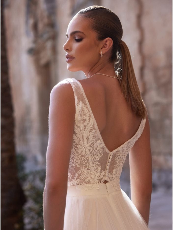 E466 dos Bianco Evento top de mariée en dentelle magasin de robes de mariée Annecy