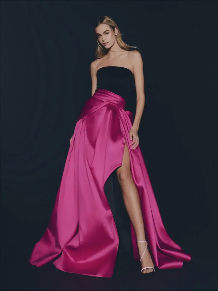 cahiku face Pronovias robe de soirée longue asymétrique bustier droit jupe fendue robe de maman des mariés magasin de robes de soirée Paris