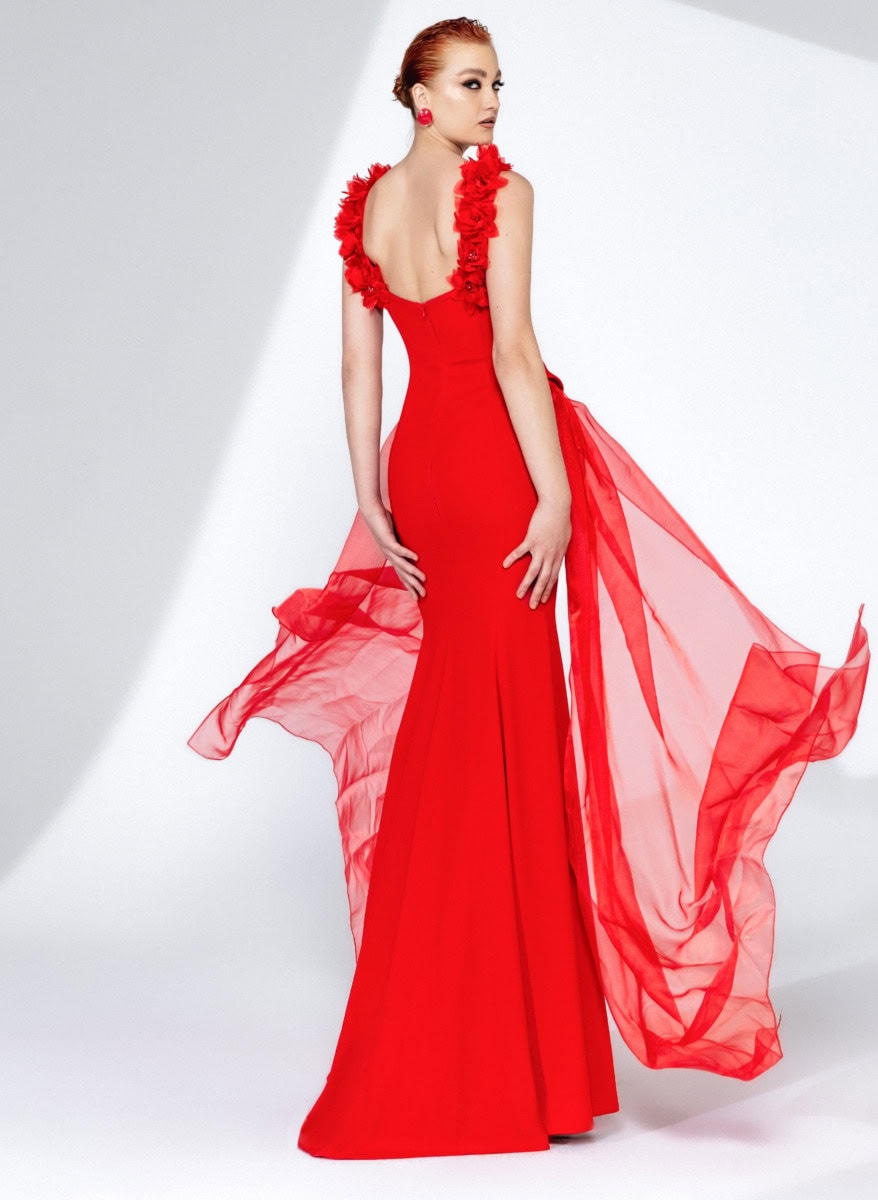Élégante robe de soirée rouge longue avec détails en tulle et design sophistiqué, parfaite pour les événements formels ou les galas. Conçue pour mettre en valeur la silhouette avec style.