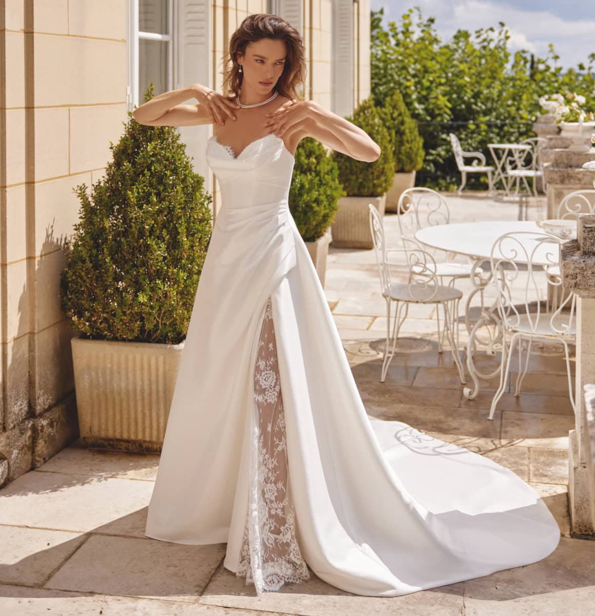 Madison face Justin Alexander robe de mariée A-line trapèze satin mikado tafetas bustier coeur festonné dentelle jupe fendue traîne magasin de robes de mariée Paris