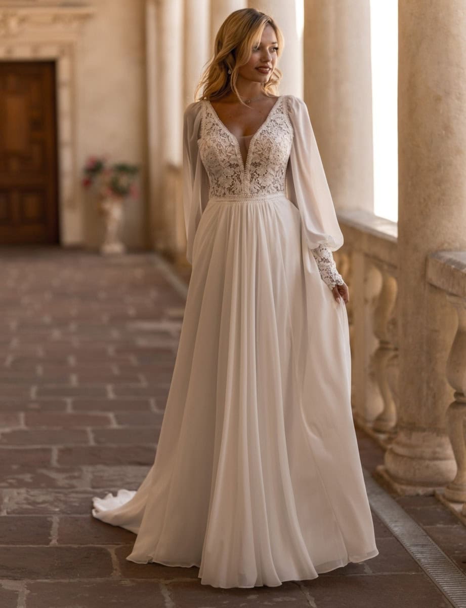 Robe de mariée longue en dentelle avec manches longues et décolleté en V, idéale pour un mariage romantique. Conçue par O'Scarlett, cette robe allie élégance et confort pour un jour spécial.