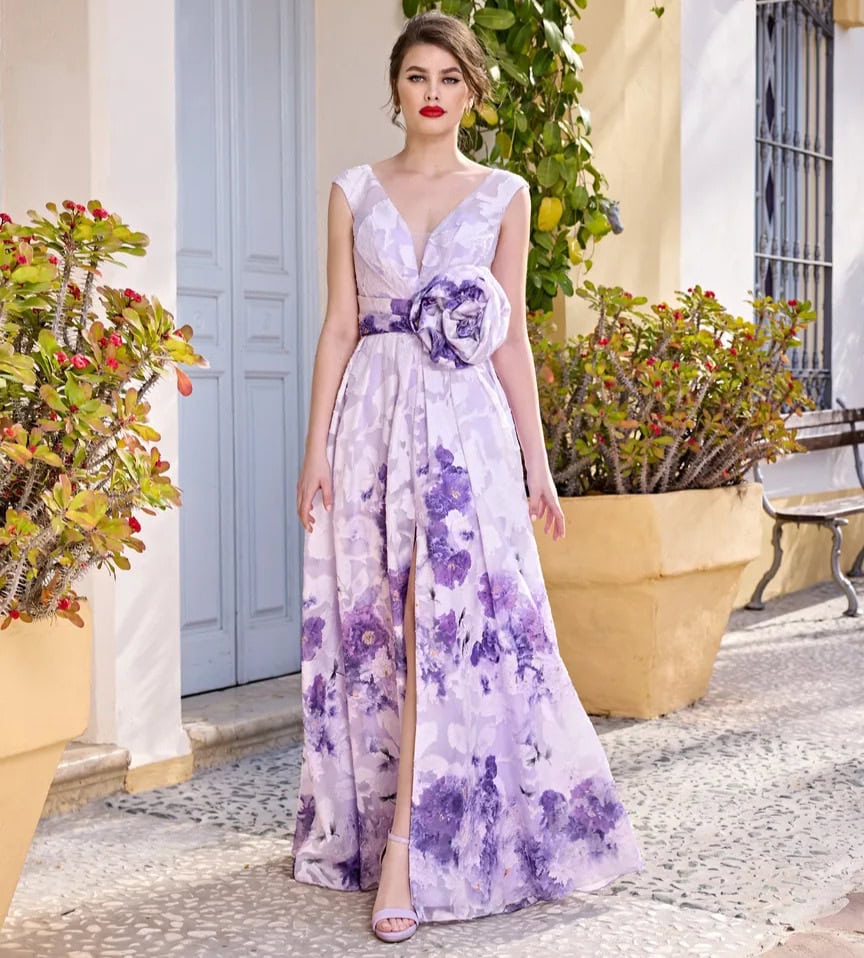 1250024 face Sonia Pena robe de soirée longue top décolleté V ceinture jupe fendue magasin de robes de soirée Paris