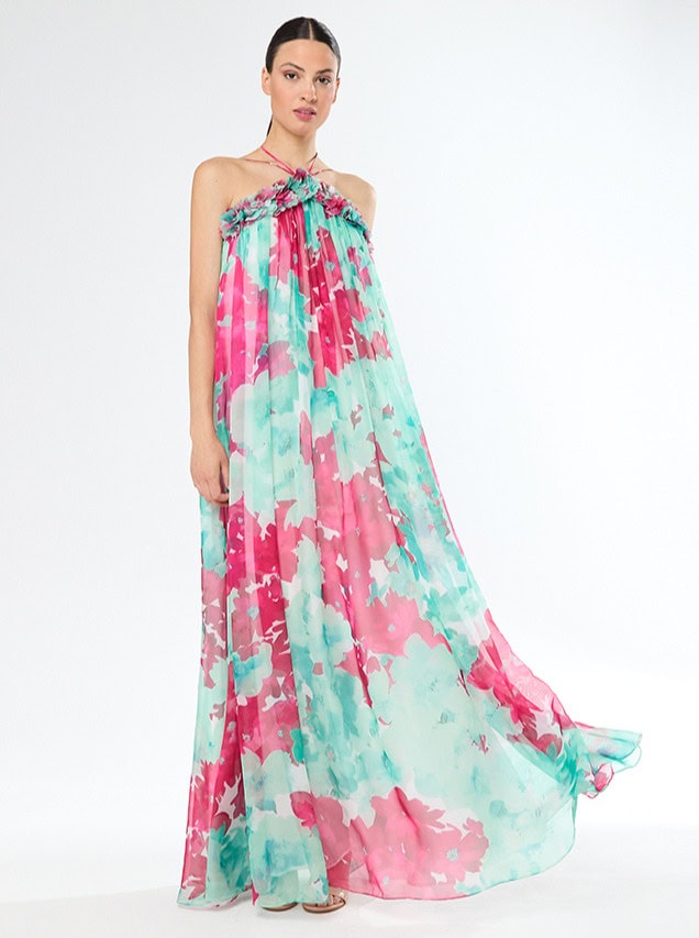51419 face Carla Ruiz robe de soirée longue mousseline fluide encolure américaine magasin de robes de soirée Paris