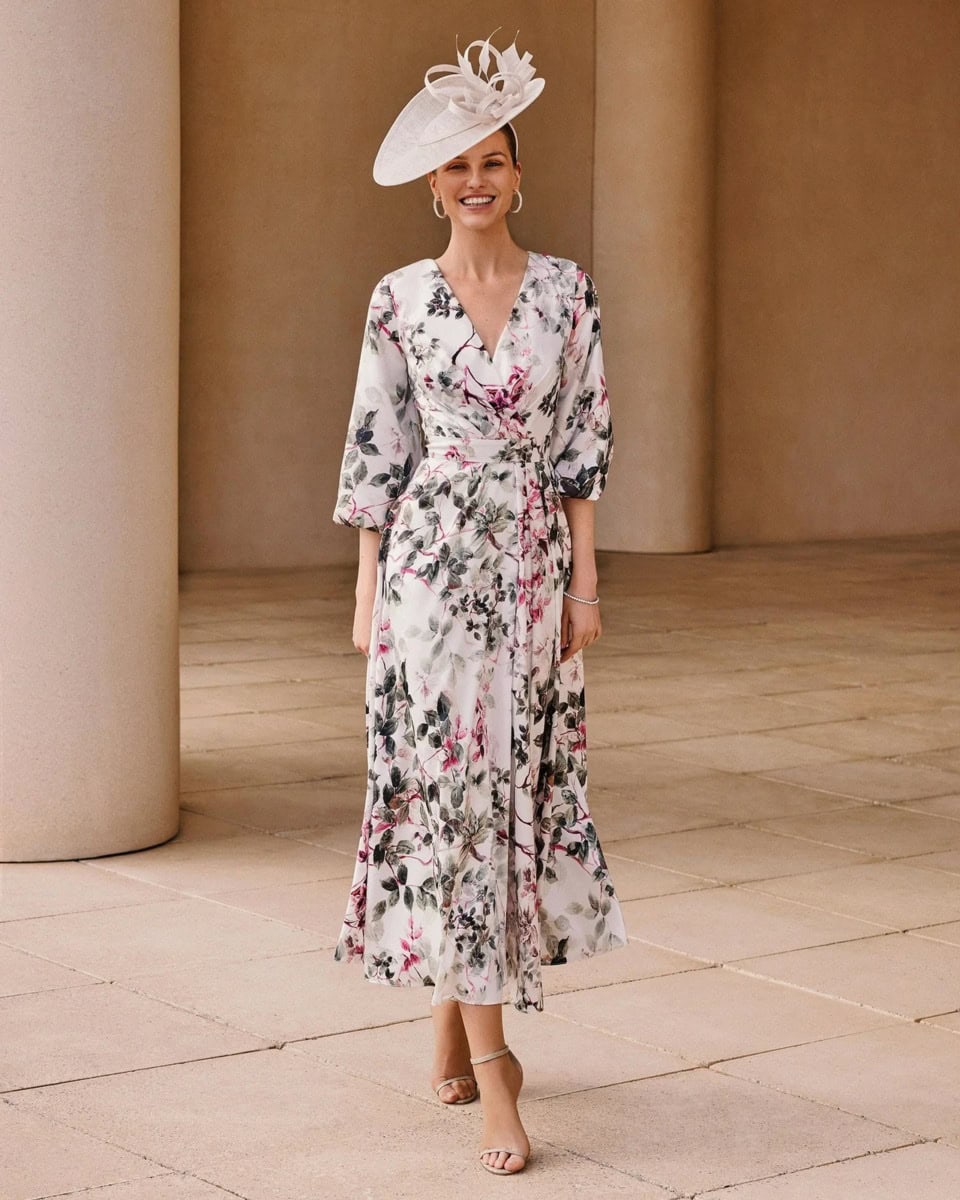 Femme élégante portant une robe longue florale et un chapeau sophistiqué lors d'un événement en plein air.