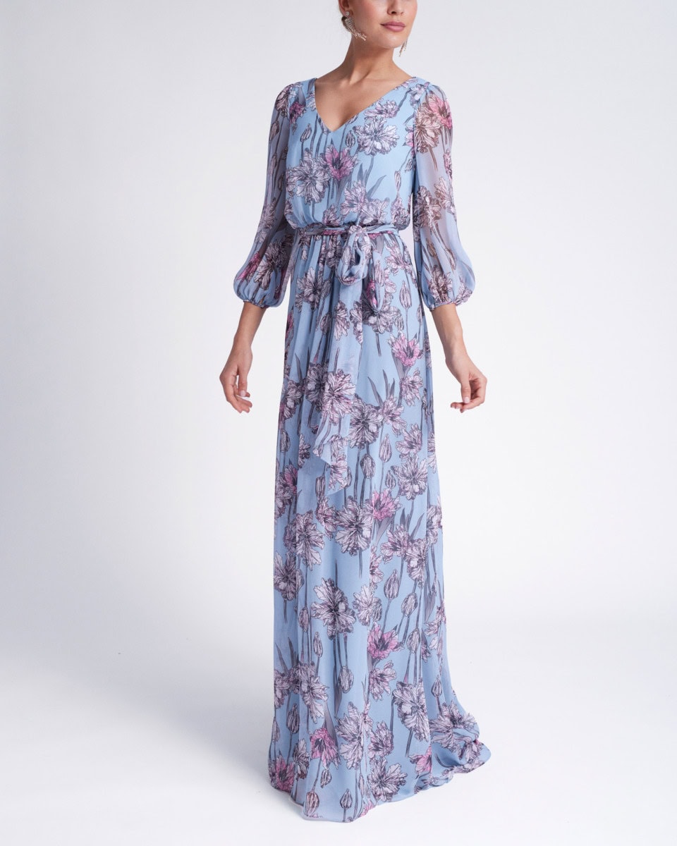 7T141 face Rosa Clara robe de soirée longue fluide décolleté V manches trois quart robe maman des mariés magasin de robes de soirée Paris