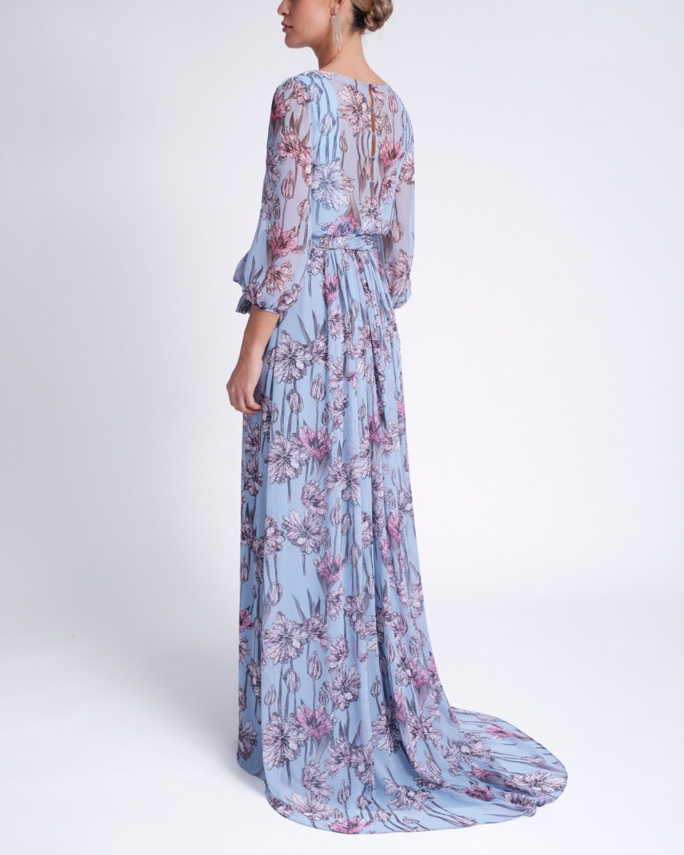 7T141 dos Rosa Clara robe de soirée longue fluide décolleté V manches trois quart robe maman des mariés magasin de robes de soirée Paris