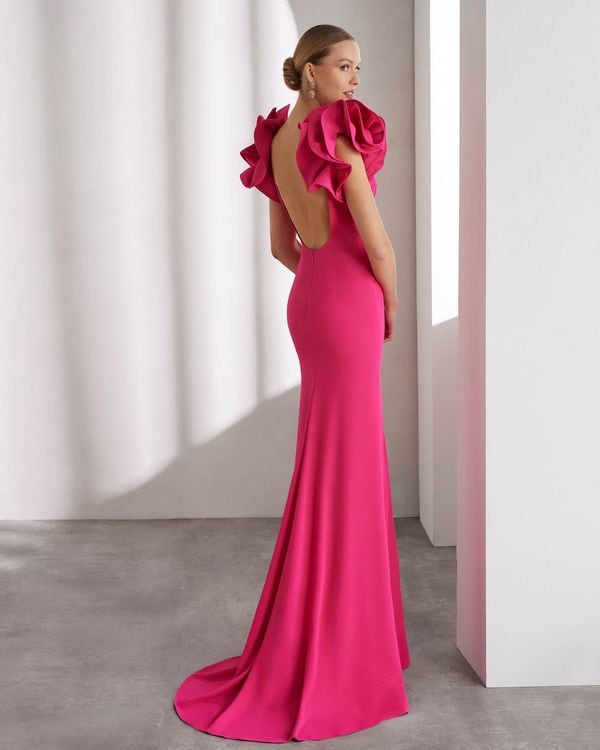9TB3 dos Rosa Clara robe de soirée longue encolure carré manches volants dos nu robe maman des mariés magasin de robes de soirée Paris