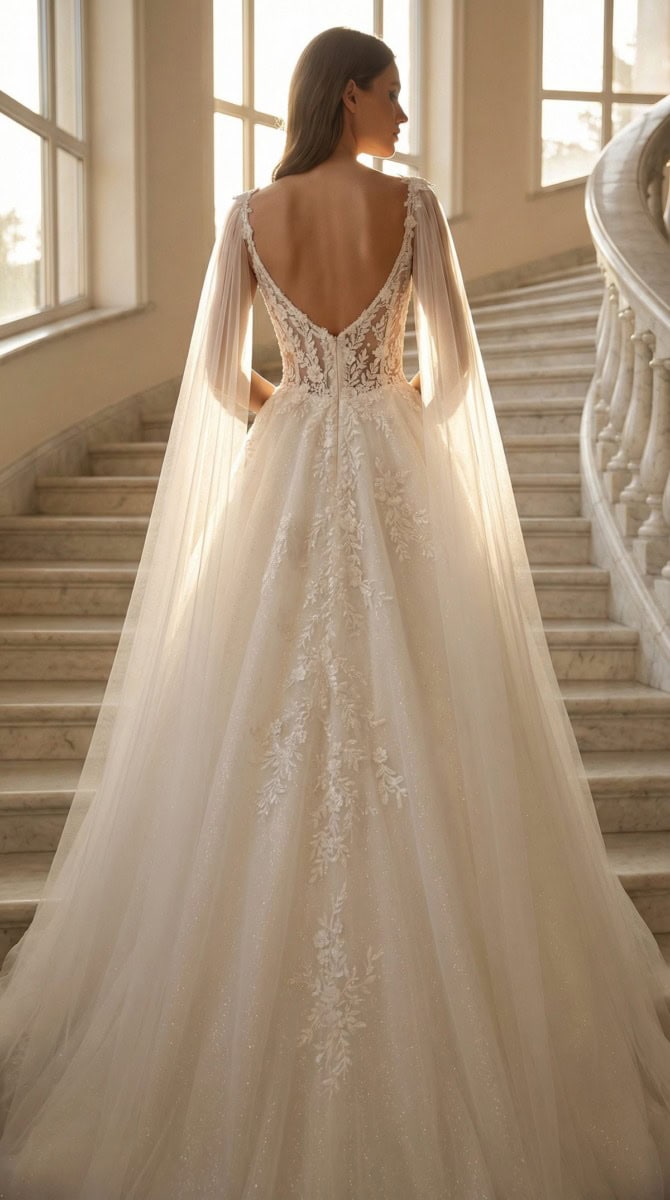 Robe de mariée élégante avec dentelle et dos en V, portée par une femme dans un escalier lumineux.