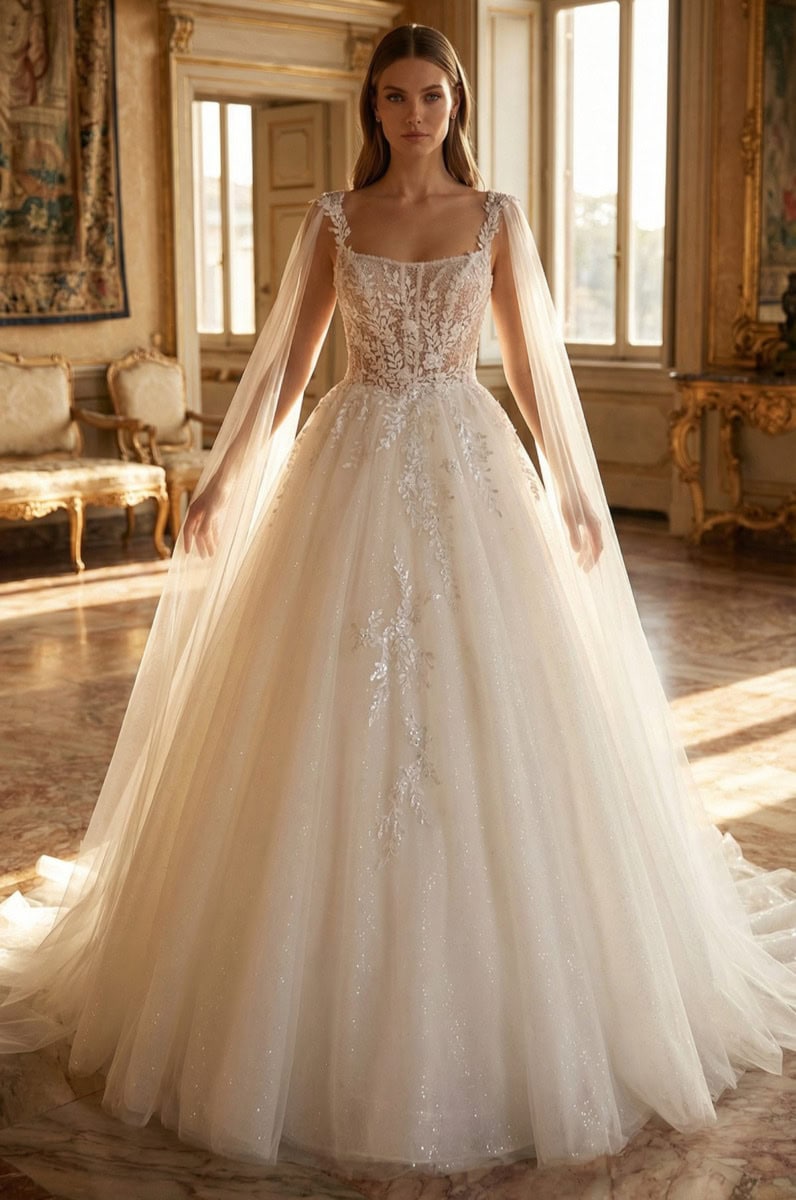 Robe de mariée élégante avec dentelle et manches en tulle dans un décor luxueux.