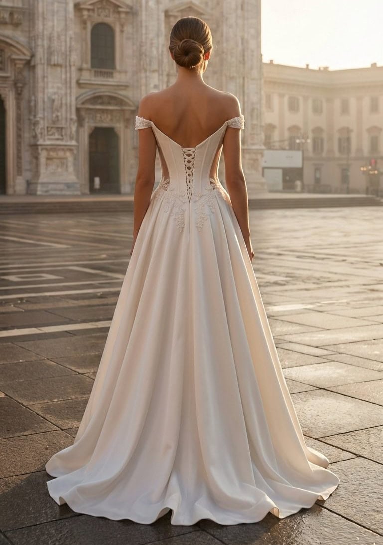 Alfreda dos MS Moda robe de mariée A-line traèzebustier corset manchette pointe jupe fluide satin petite traîne magasin de robes de mariée Annecy