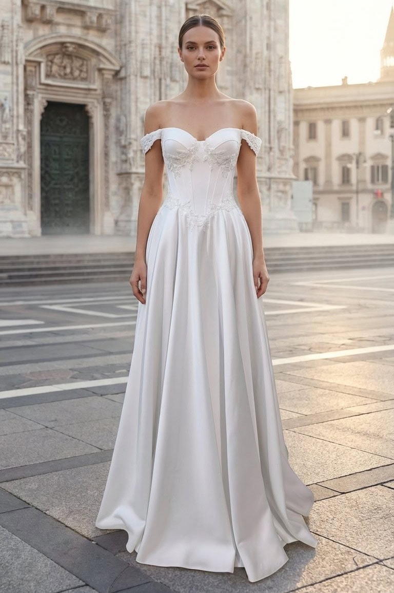 Alfreda face MS Moda robe de mariée A-line traèzebustier corset manchette pointe jupe fluide satin petite traîne magasin de robes de mariée Annecy