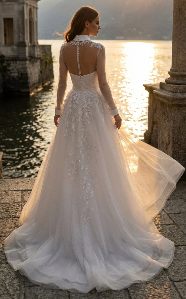 Robe de mariée élégante avec détails en dentelle et tulle, vue de dos au coucher du soleil près de l'eau.