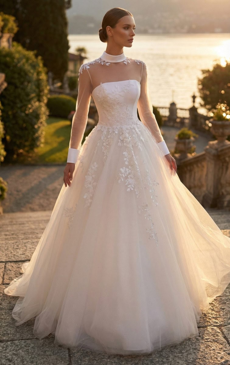 Robe de mariée élégante avec dentelle et tulle, portée par une femme dans un jardin au coucher du soleil.