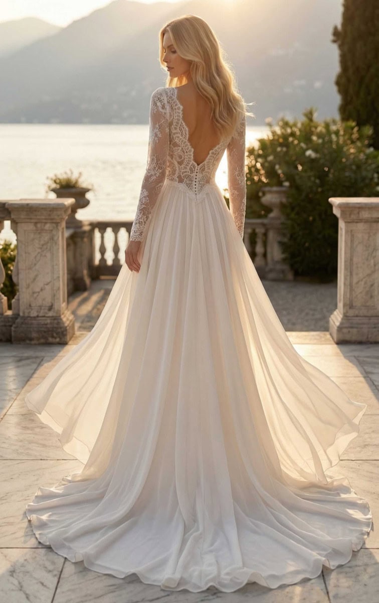 Amarylis dos MS Moda robe de mariée fluide dtop dentelle décolleté V manches longue dentelle petite traîne magasin de robes de mariée Annecy