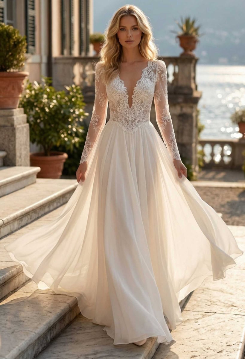 Amarylis face MS Moda robe de mariée fluide top dentelle décolleté V manches longue dentelle petite traîne magasin de robes de mariée Annecy